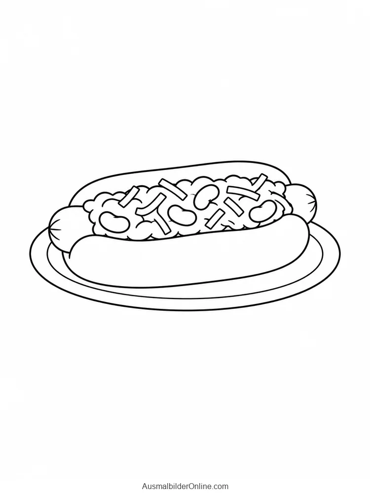 Ein Hotdog mit unterschiedlichen kleinen Belagstücken liegt auf einem ovalen Teller