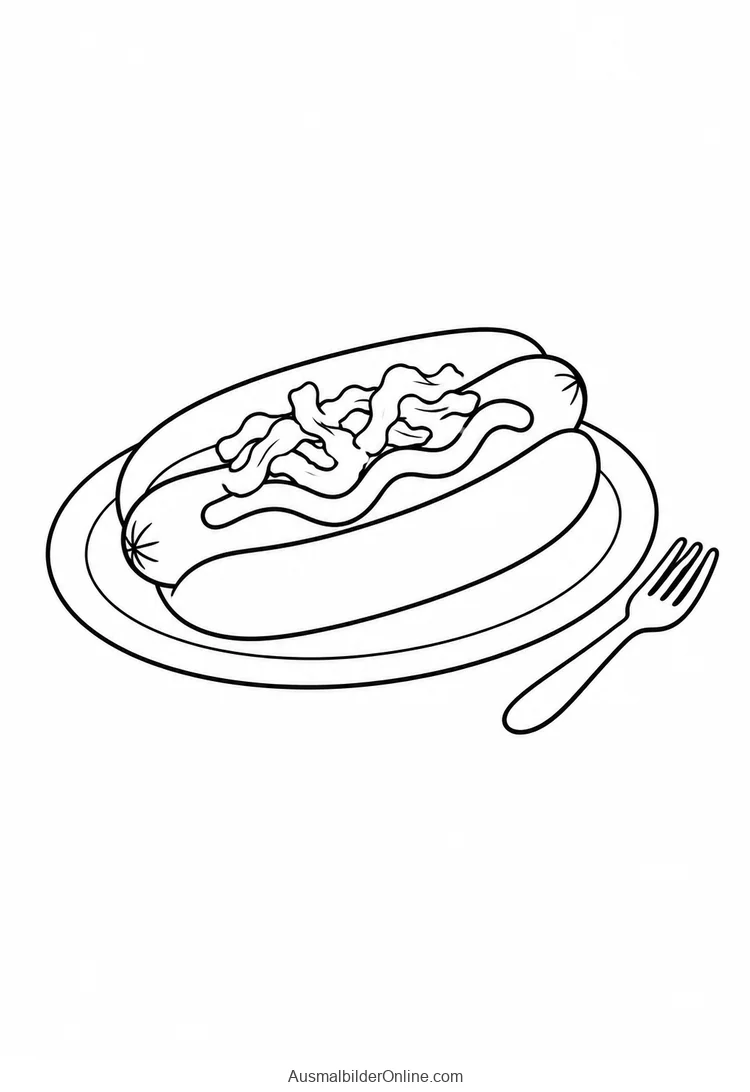 Ein Hotdog mit Blattbelag und Sauce liegt neben einer Gabel auf einem Teller