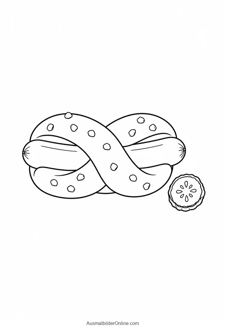 Eine Wurst liegt in einer brezelförmigen Backware neben einer Gurkenscheibe