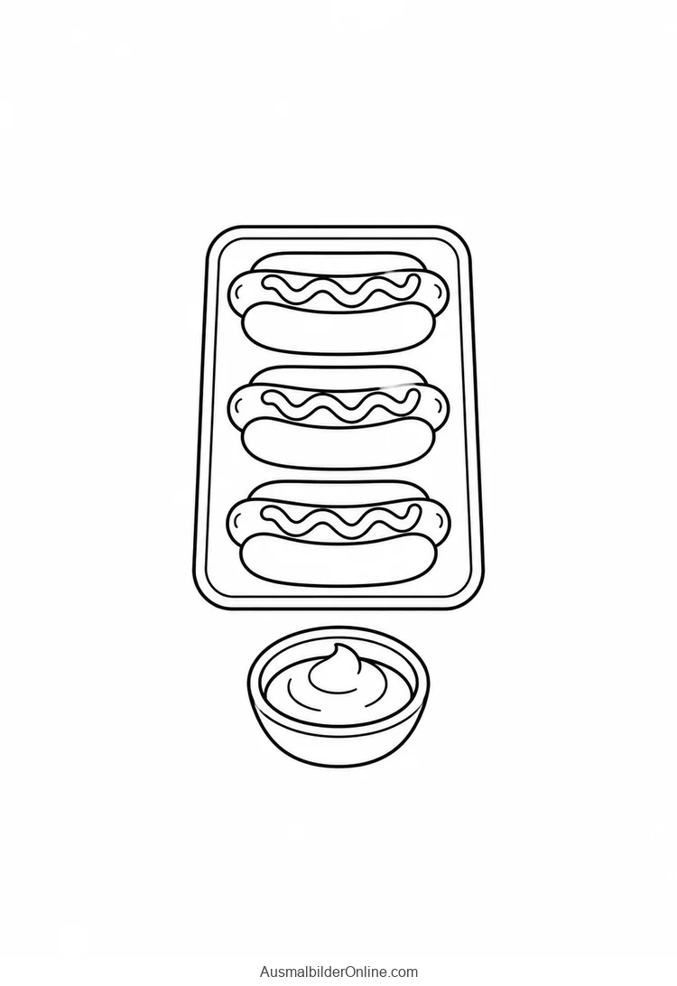 Drei kleine Hotdogs liegen auf einem Blech neben einer Schale Dip