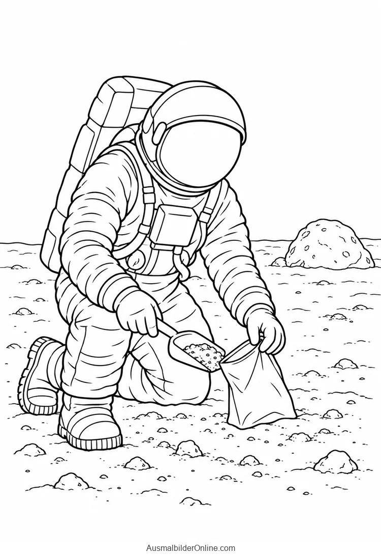 Ein Astronaut sammelt mit einer Schaufel Gesteinsproben in einen Beutel auf einer Mondlandschaft