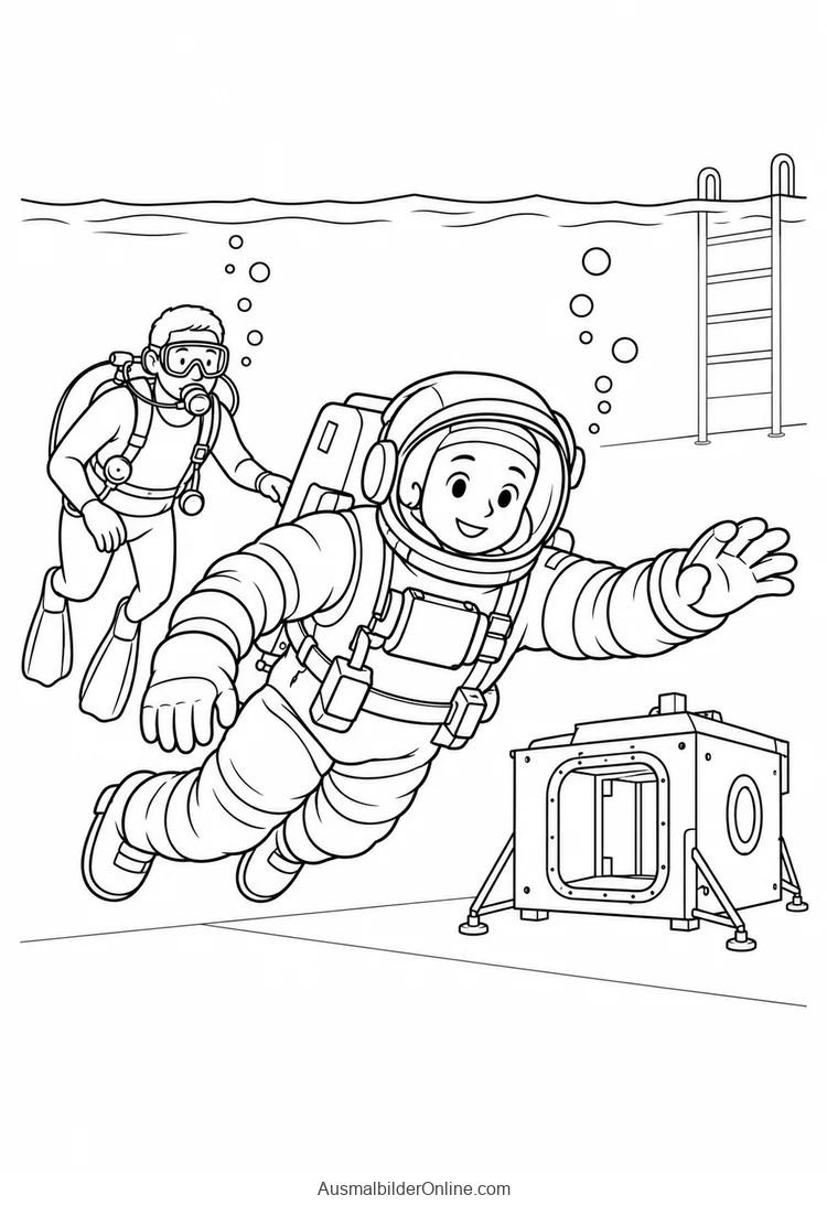 Ein Astronaut trainiert unter Wasser neben einem begleitenden Taucher