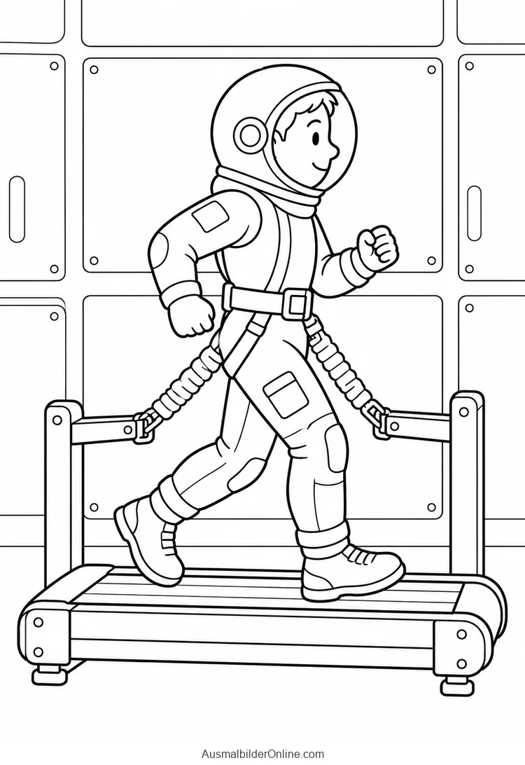 Ein Astronaut läuft mit einer Halterung am Gürtel auf einem Laufband