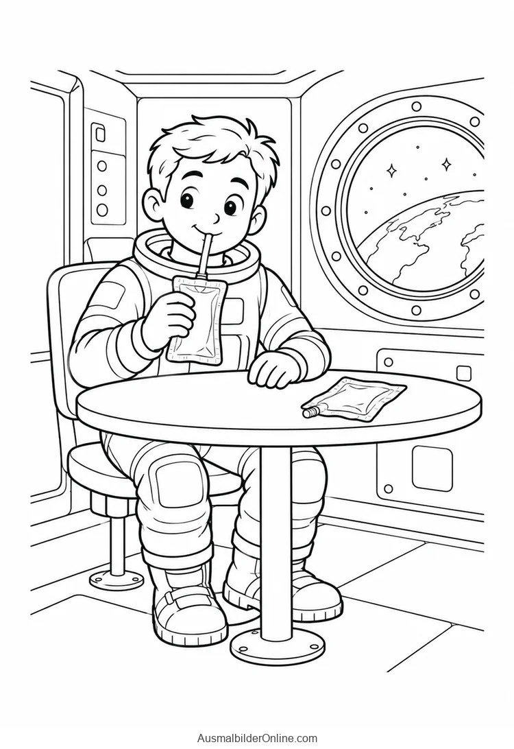 Ein Astronaut trinkt mit einem Strohhalm aus einem Beutel am Tisch vor einem Erdfenster