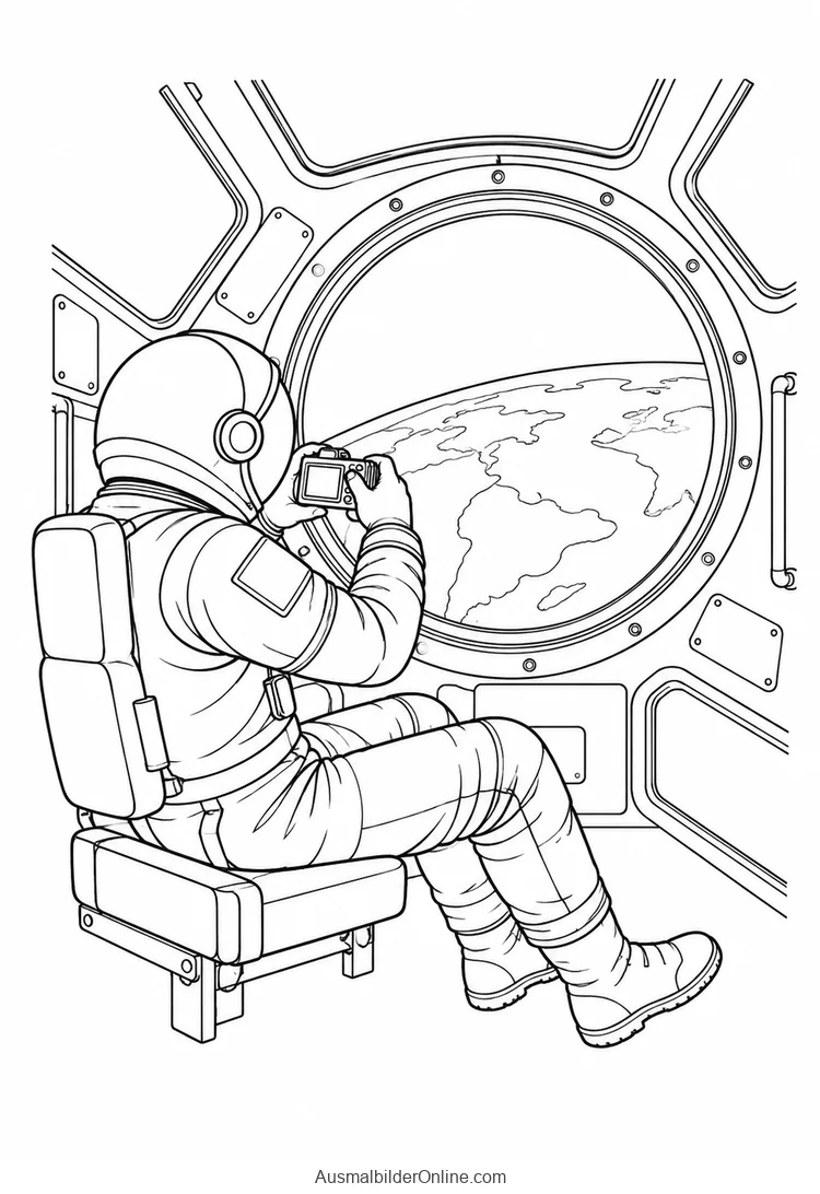 Astronaut fotografiert die Erde durch ein rundes Fenster
