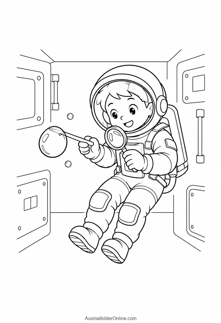 Astronaut betrachtet einen schwebenden Wassertropfen mit Pipette und Lupe