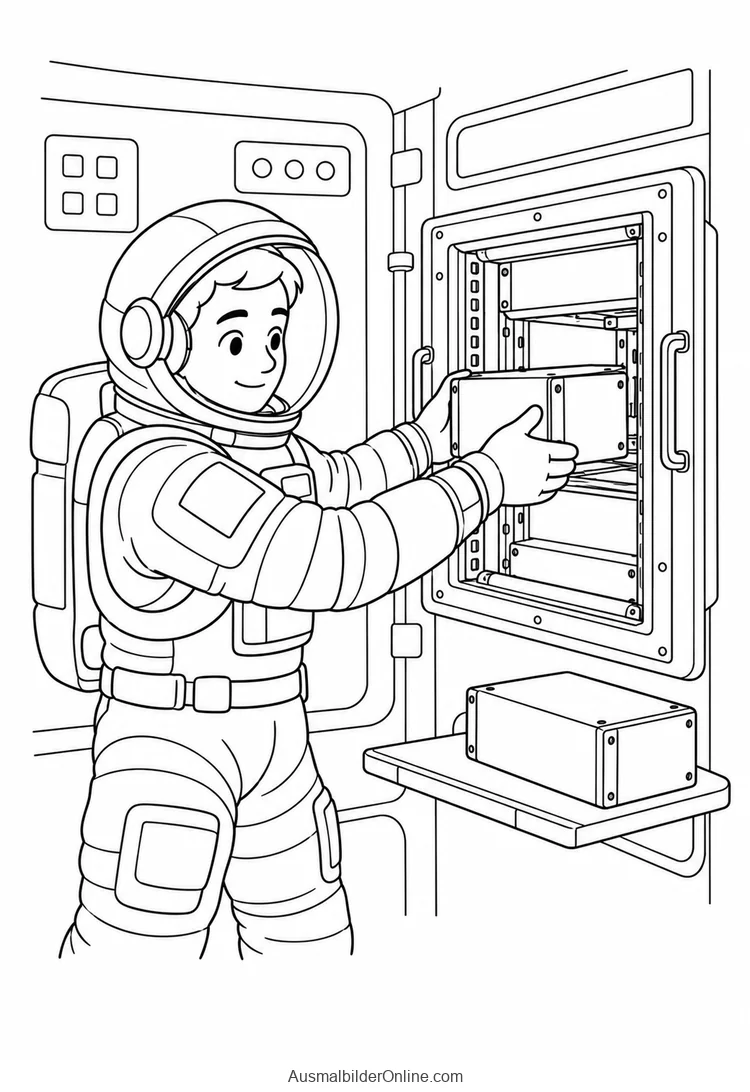 Astronaut setzt ein rechteckiges Modul in ein Gerätegestell ein