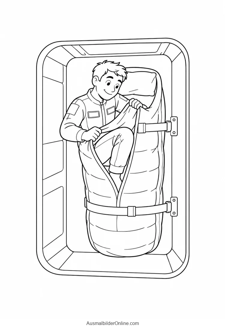 Astronaut steigt in einen an der Wand befestigten Schlafsack