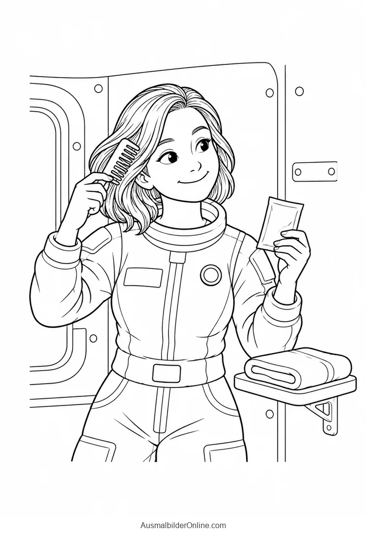 Astronautin kämmt ihre Haare mit einem kleinen Handspiegel