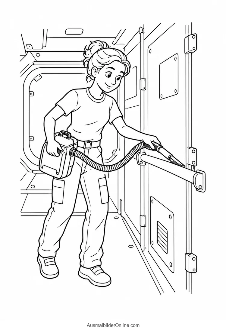 Astronautin reinigt eine Wand mit einem kleinen Staubsauger