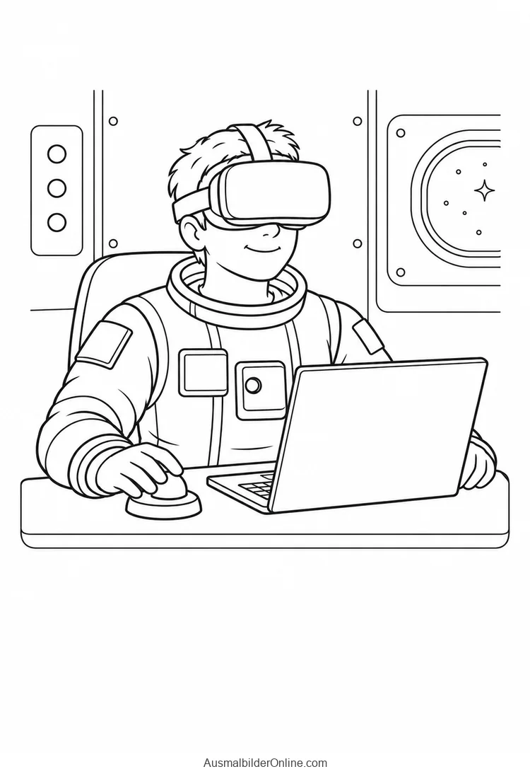 Astronaut trägt ein VR-Headset und bedient einen Trackball neben einem Laptop