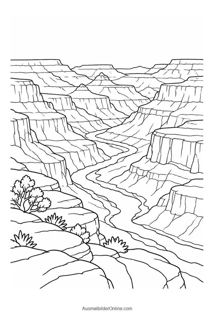 Vereinfachte Ansicht des Grand Canyon mit geschichteten Felswänden und einem gewundenen Fluss