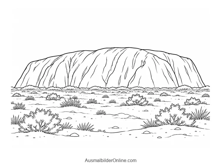 Vereinfachte Ansicht des Uluru als breiter Fels über einer flachen Ebene mit niedrigen Pflanzen