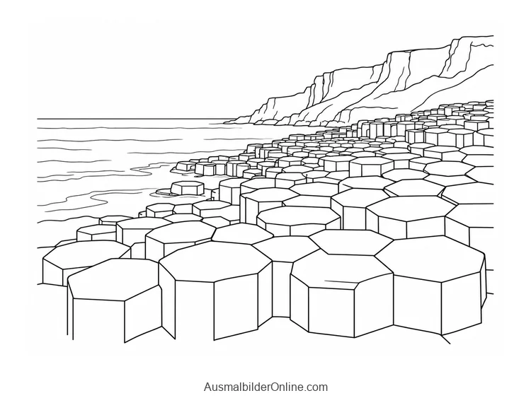 Vereinfachte Ansicht des Giant’s Causeway mit polygonalen Basaltsäulen an der Küste