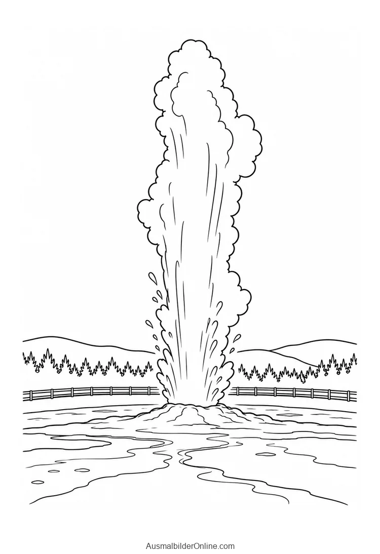 Vereinfachte Ansicht von Old Faithful mit hoher Wasserfontäne und einem abgesetzten Besucherweg