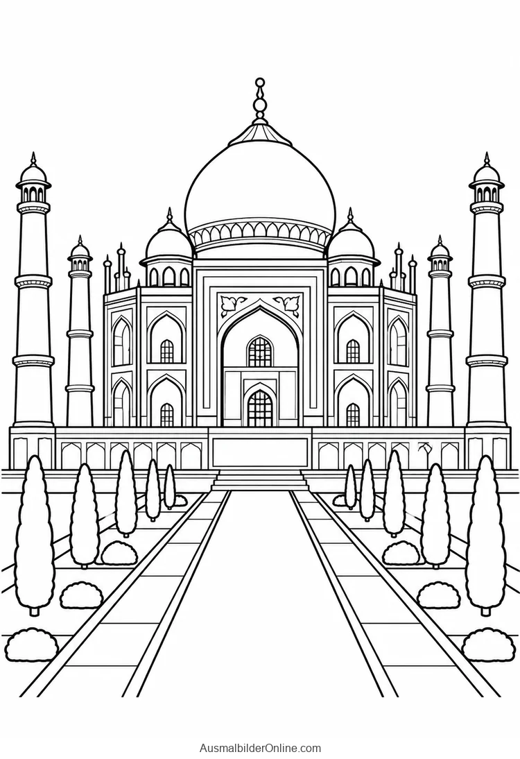 Vereinfachte Ansicht des Taj Mahal mit großer Kuppel, vier Minaretten und einem mittigen Gartenweg