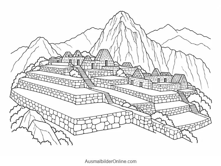 Vereinfachte Ansicht von Machu Picchu mit Steinmauern und Terrassen vor einem steilen Berg