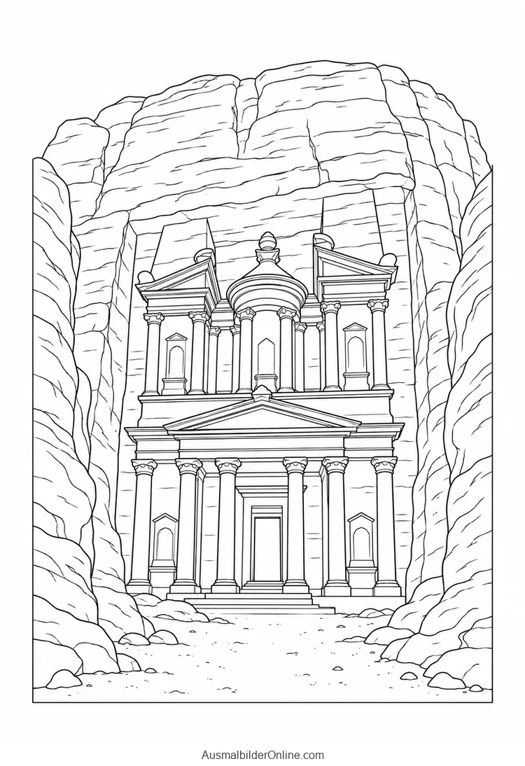 Die Fassade von Al-Khazneh in Petra ist zwischen hohen Felswänden in den Fels gearbeitet