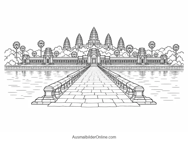 Ein langer Damm führt über den Wassergraben zur Toranlage und den Türmen von Angkor Wat