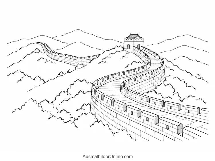 Ein Abschnitt der Chinesischen Mauer windet sich über bewachsene Hügel zu einem Wachturm