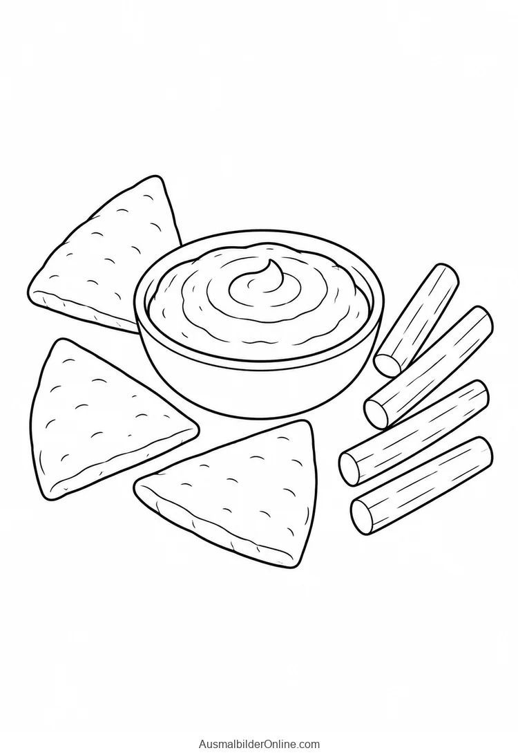 Eine Schale Kürbishummus steht neben dreieckigen Fladenbrotstücken und Gemüsestiften