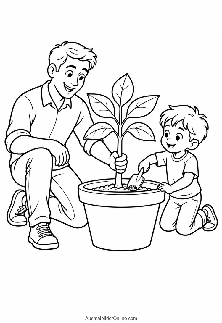Vater und Sohn pflanzen gemeinsam einen jungen Baum in einen Topf