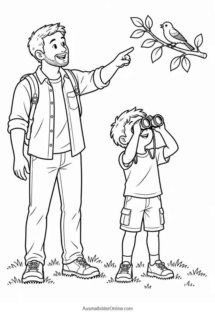 Vater zeigt auf einen Vogel am Zweig und sein Sohn schaut durch ein Fernglas