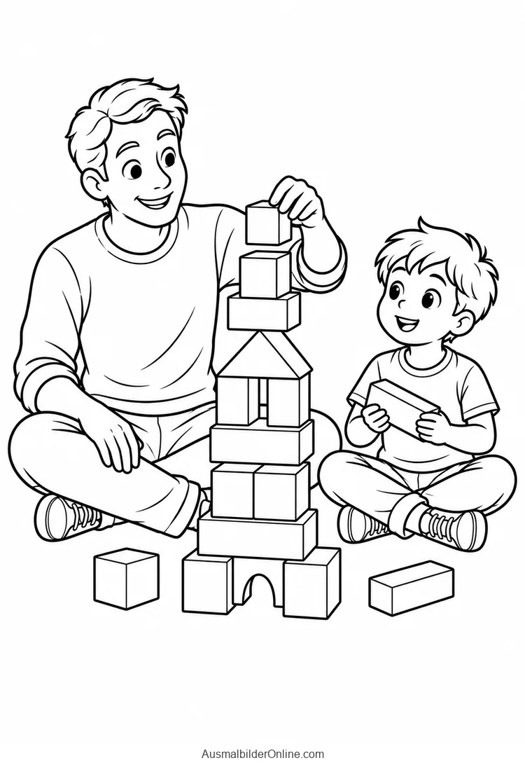 Vater und Sohn bauen sitzend einen hohen Turm aus Bausteinen