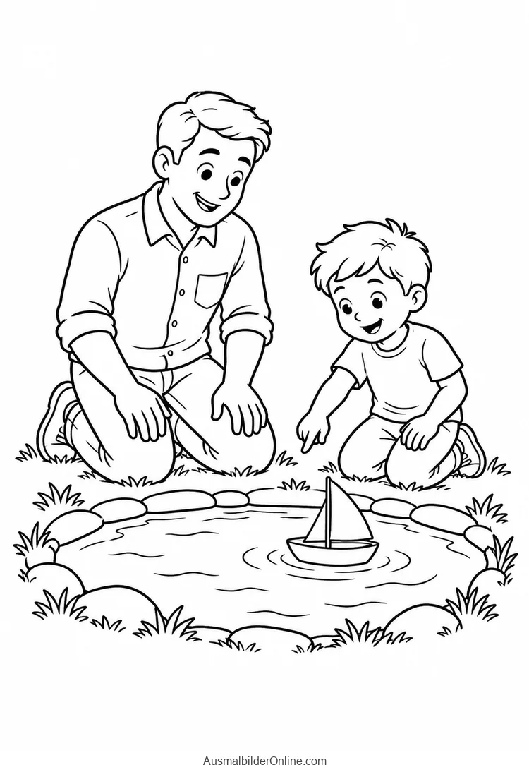 Vater und Sohn beobachten ein kleines Segelboot auf einem Teich