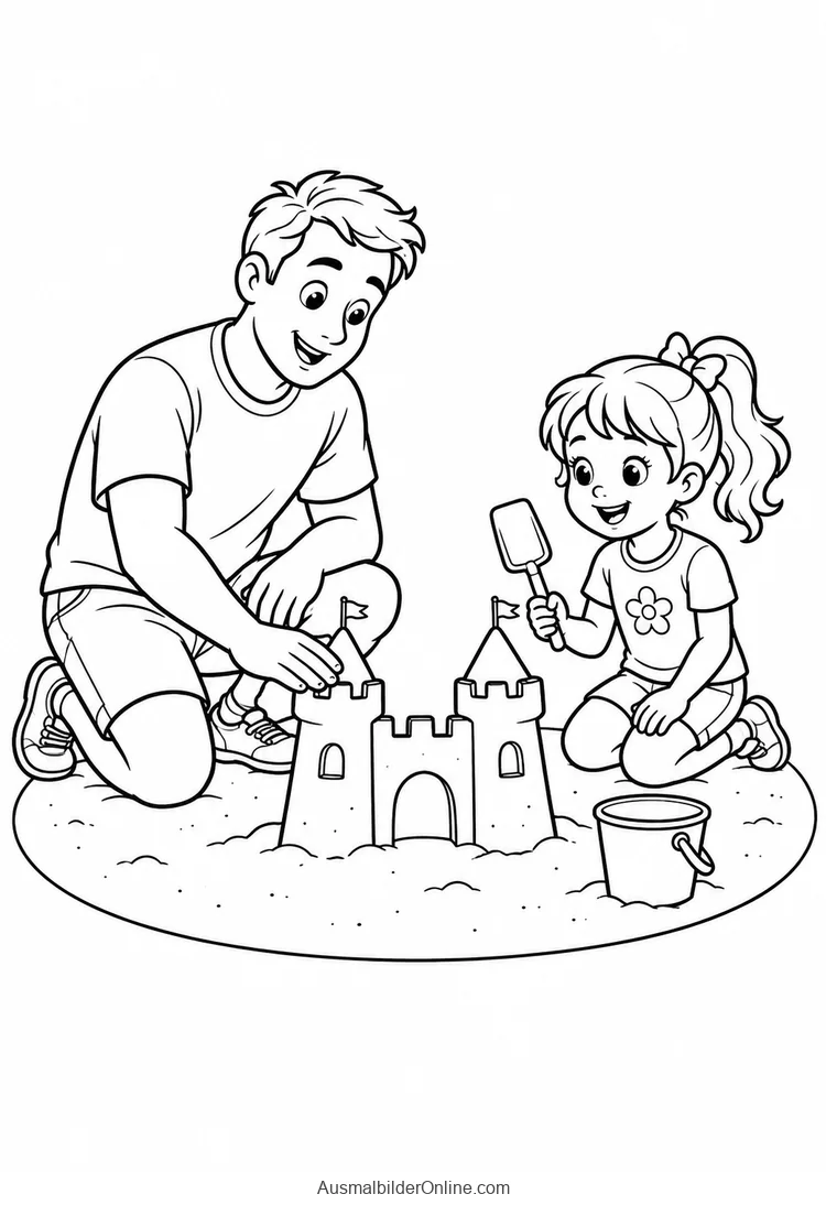 Vater und Tochter bauen gemeinsam eine Sandburg mit Türmen