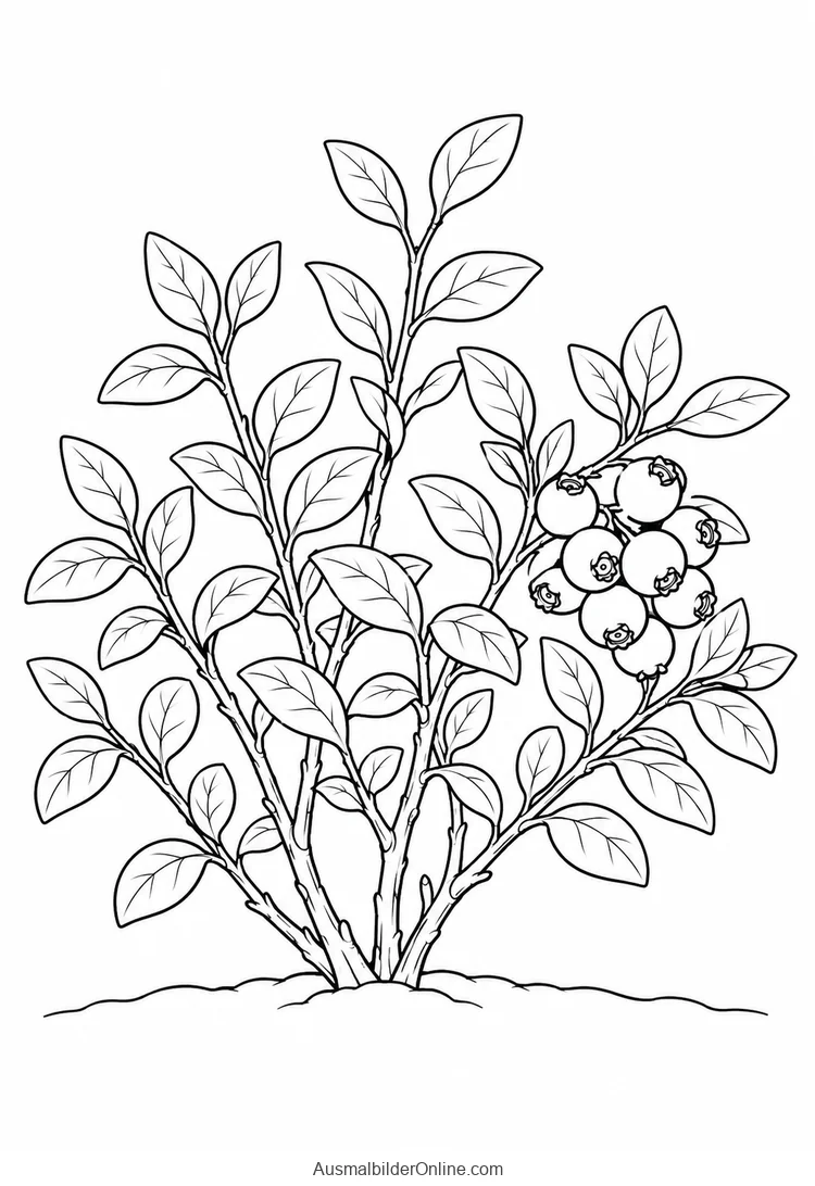 Ein belaubter Heidelbeerstrauch trägt eine Gruppe runder Beeren