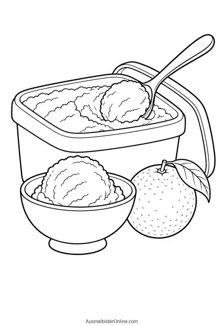Ein Eisbehälter mit Portionierlöffel steht neben einer Eisschale und einer Orange