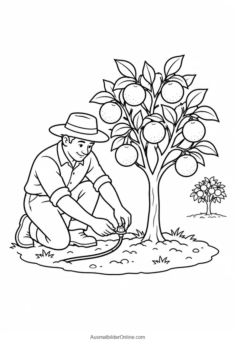 Ein Gärtner kniet am Orangenbaum und arbeitet am Bewässerungsschlauch