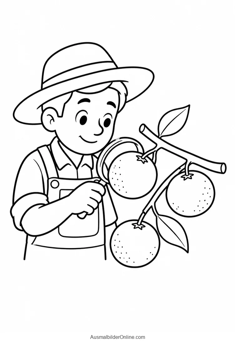Eine Gärtnerin betrachtet eine Orange am Zweig mit einer Lupe