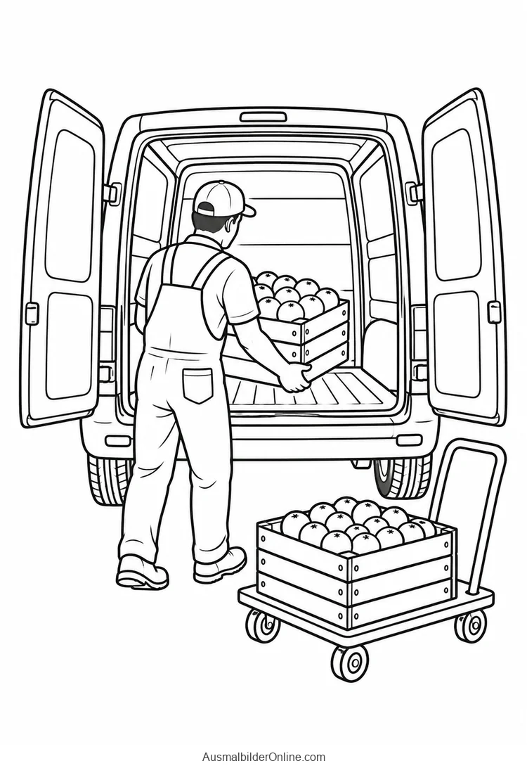 Ein Arbeiter lädt eine Orangenkiste in einen Lieferwagen neben einem Rollwagen