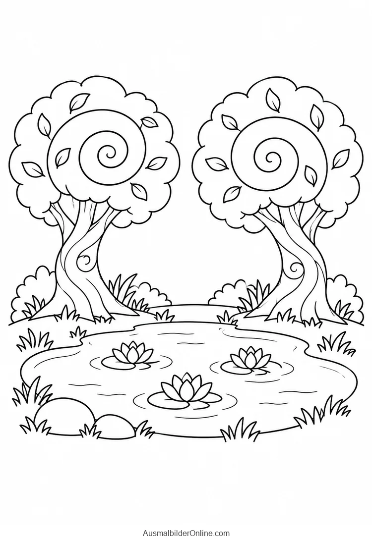 Ein runder Teich mit drei Seerosen liegt zwischen zwei Bäumen mit spiralförmigen Kronen