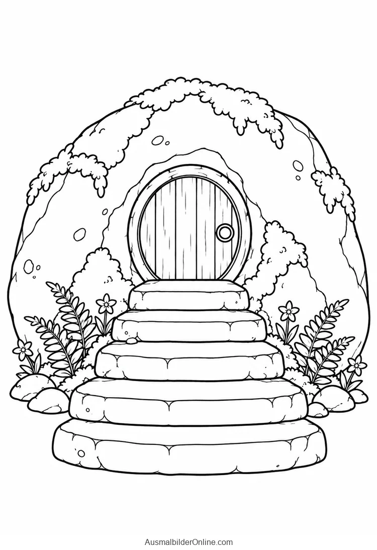 Eine Waldtreppe aus großen Steinen führt zu einer kleinen Tür in einem Felsen