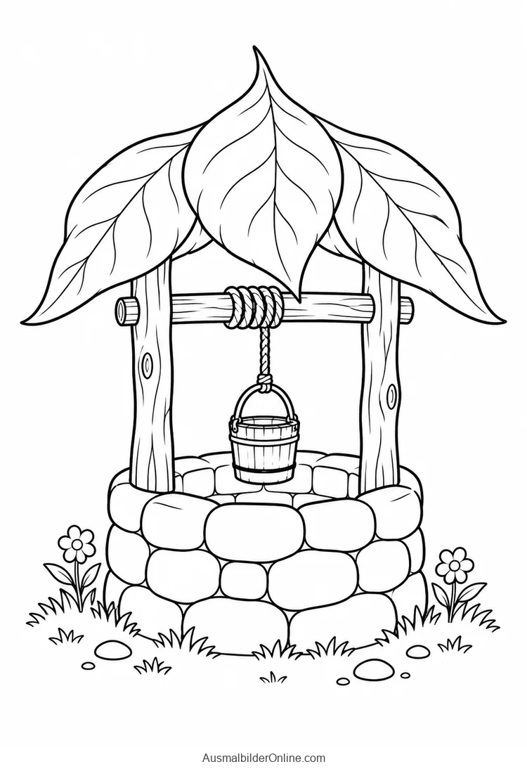 Ein Zauberbrunnen mit Blätterdach und einem Eimer steht auf einer kleinen Waldlichtung