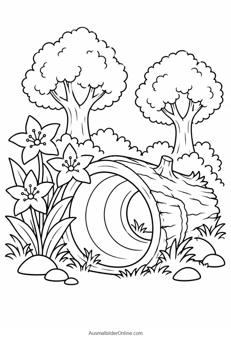 Ein hohler Baumstamm bildet einen kleinen Waldtunnel zwischen drei großen Sternblumen