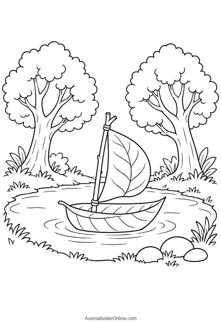 Ein großes Blattboot mit einem Blättersegel schwimmt auf einem kleinen Waldteich