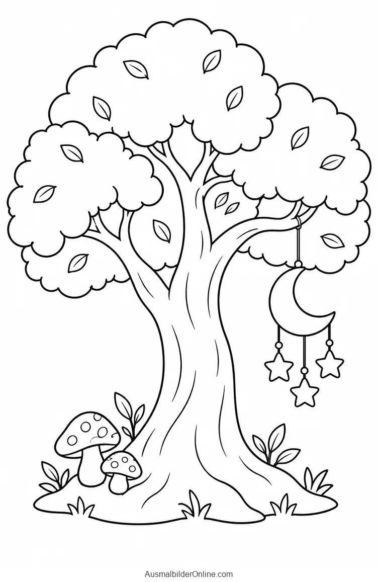 Ein Windspiel mit einem großen Halbmond und drei Sternen hängt an einem Zauberbaum