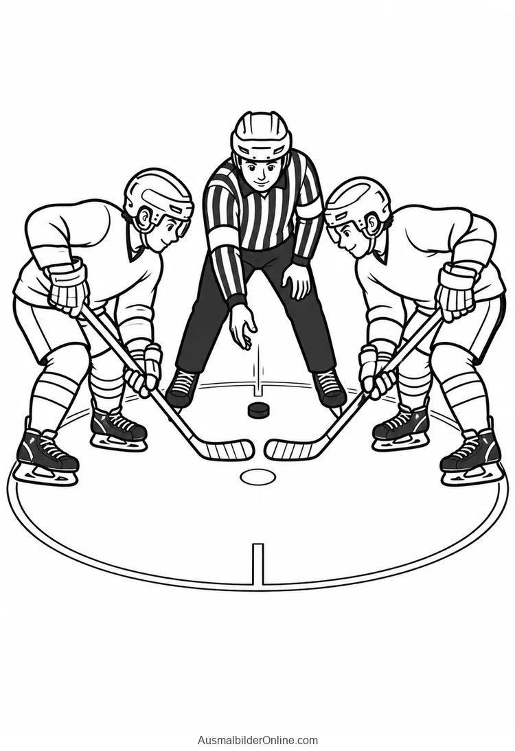 Schiedsrichter lässt einen Puck zwischen zwei Eishockeyspielern fallen