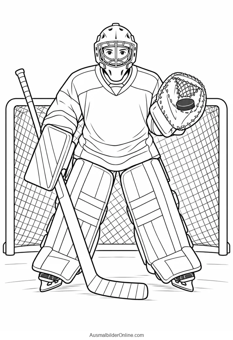 Eishockeytorwart mit Maske und Beinschonern hält einen Puck im Fanghandschuh