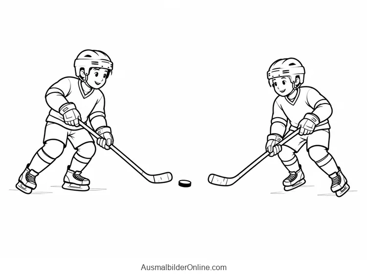 Zwei Eishockeyspieler mit Helmen und Schlägern spielen sich einen Puck zu
