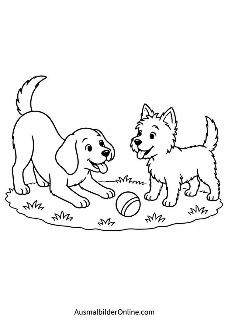 Zwei Hunde spielen auf einer Grasfläche mit einem Ball; der größere Hund beugt die Vorderbeine nach vorn.