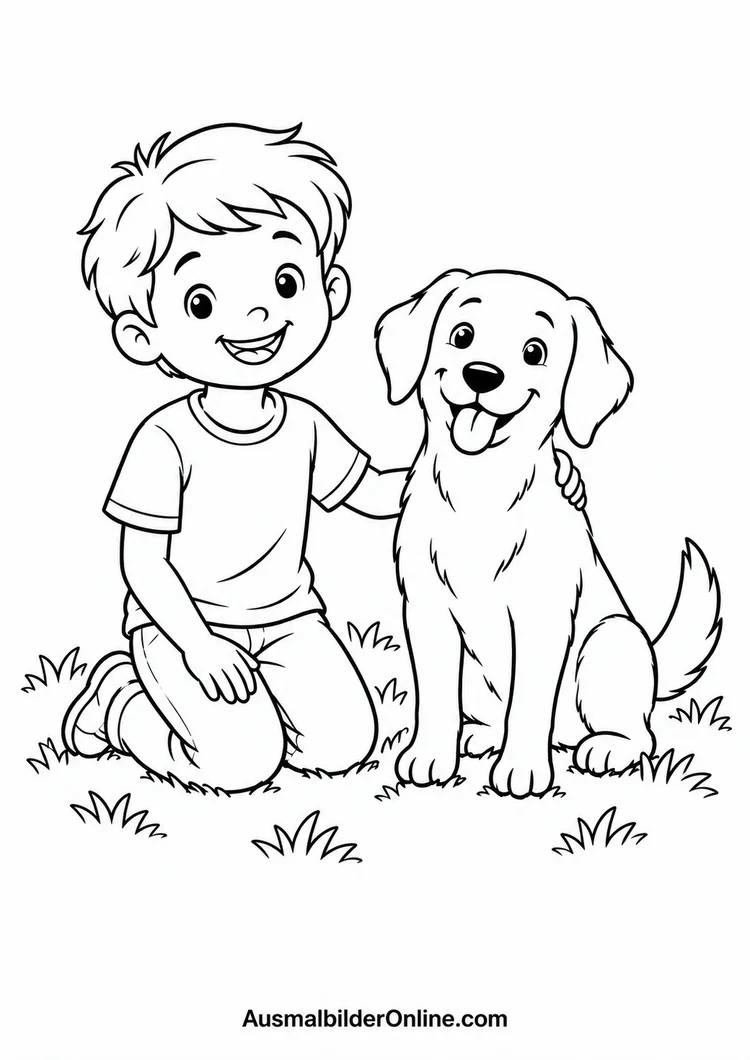Ein lächelndes Kind kniet im Gras neben einem sitzenden Hund und legt ihm eine Hand auf die Schulter.