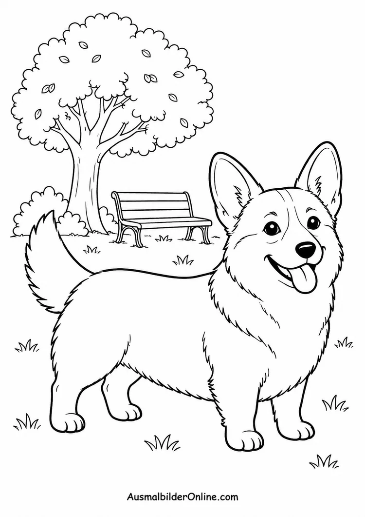Ein Corgi steht im Gras vor einer Parkbank und einem großen Baum mit belaubter Krone.