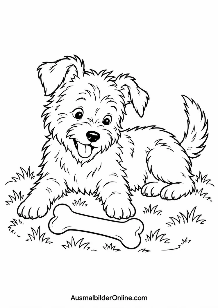 Ein wuscheliger Hund liegt lächelnd im Gras mit einem großen Knochen vor seinen Vorderpfoten.