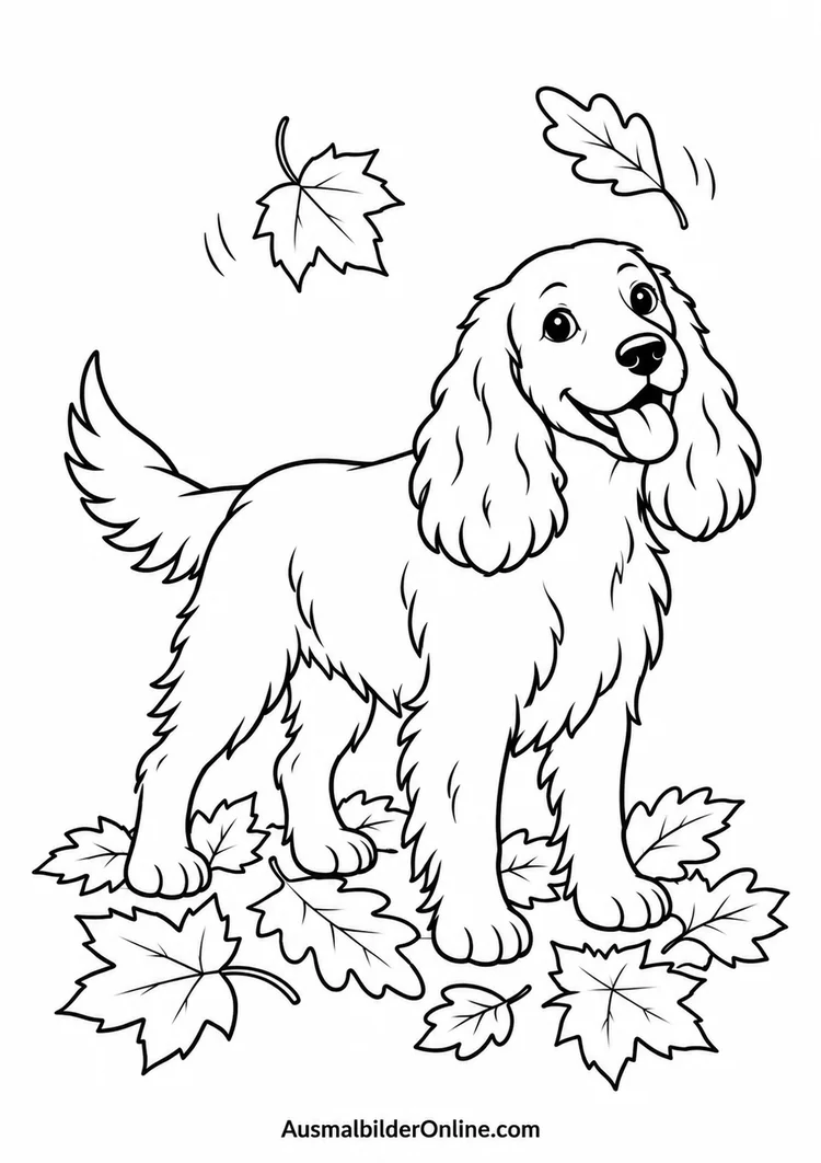 Spaniel mit langen Ohren steht zwischen fallenden Herbstblättern