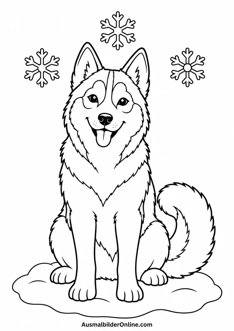 Husky sitzt im Schnee unter drei großen Schneeflocken